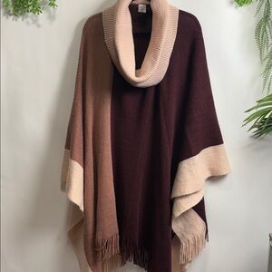 Cozy Colorblock Cowl Neck Poncho - Pink, Brown & Cream